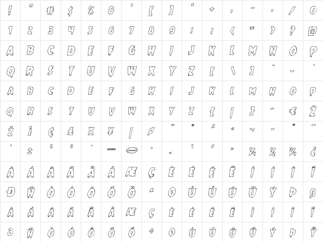 Mrs. Monster Outline Italic Italic  glyph index