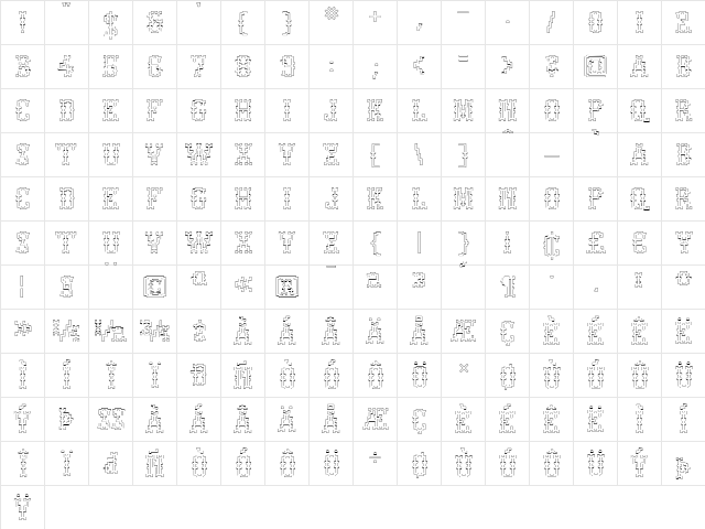GretelStrongOutline Regular  glyph index