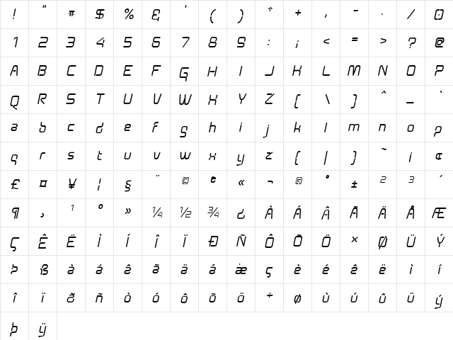 Aunchanted Bold Oblique Regular  glyph index