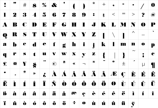 BodoniNoTwoEF Ultra  glyph index