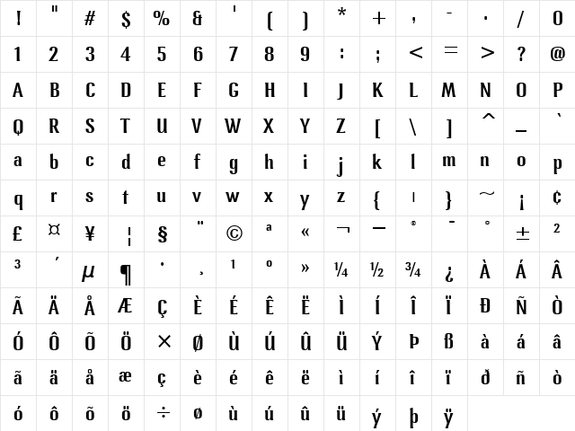 LennoxMdITC TT Regular  glyph index