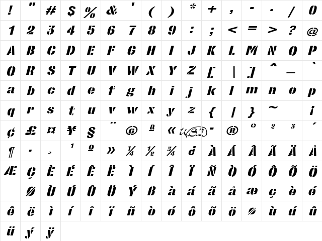 StencilSans Extrabold Italic  glyph index