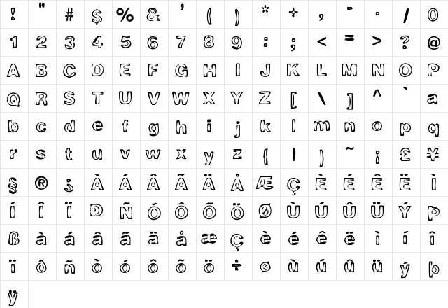 BurnOut Regular  glyph index