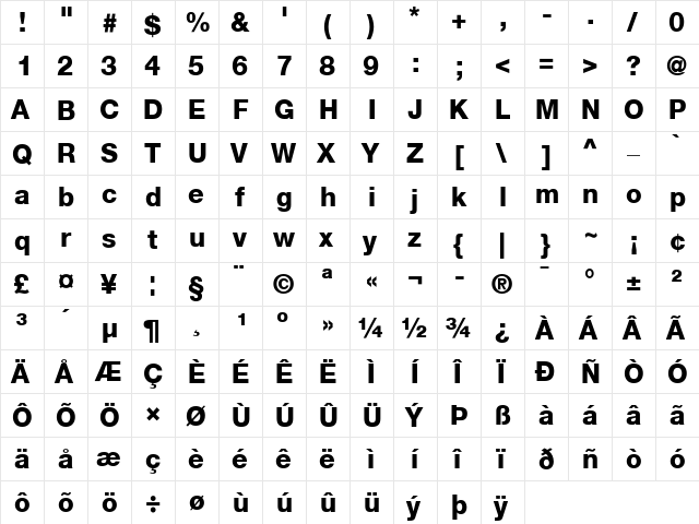 Helvetica 65 Medium Bold  glyph index