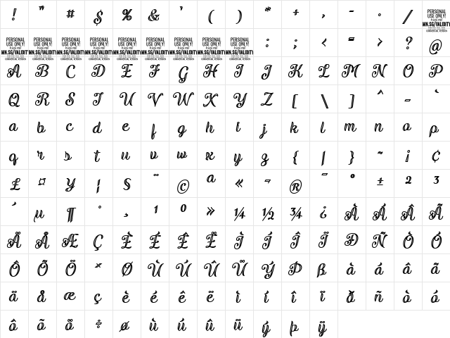Validity Script Bold PERSONAL U Italic  glyph index