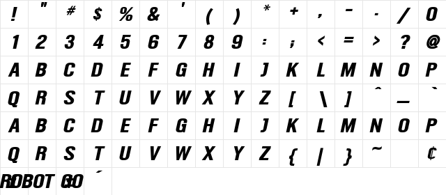 Robot Go Italic  glyph index