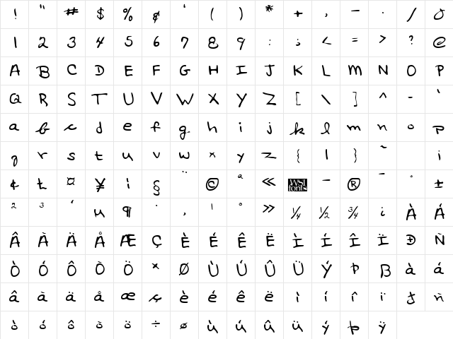 AshtonsHand Regular  glyph index