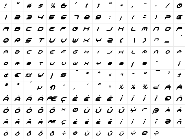 Omni Girl Condensed Italic Condensed Italic  glyph index