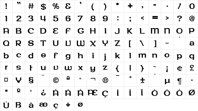 Roppongi Regular  glyph index
