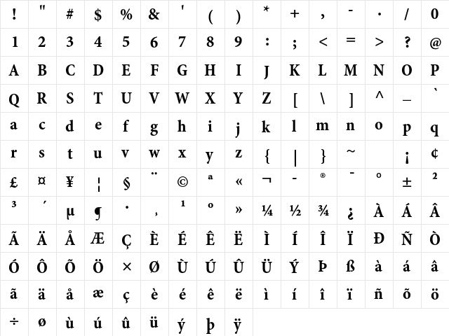 Minion Pro Bold Cond Caption  glyph index