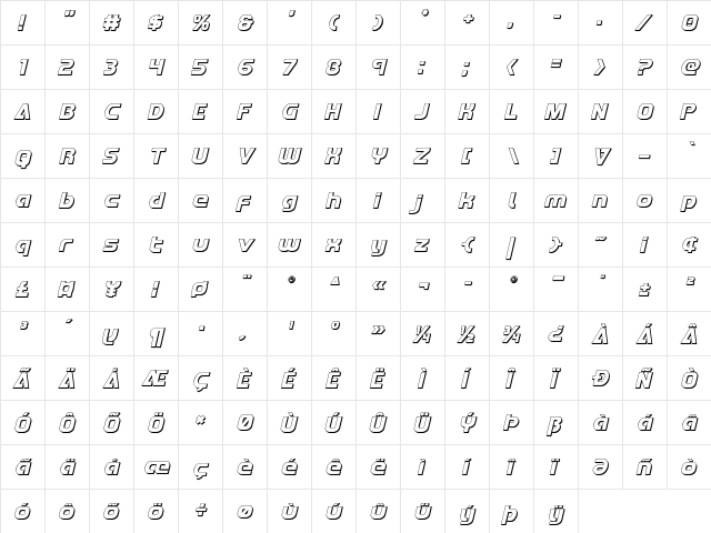 Redline 3D Italic Italic  glyph index