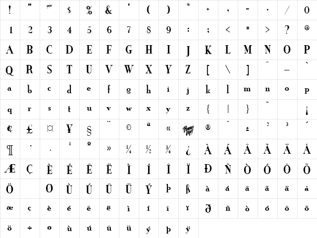 Grail New Condensed Regular  glyph index