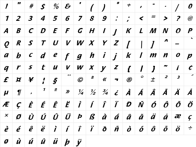 FloraObl-Bold Regular  glyph index