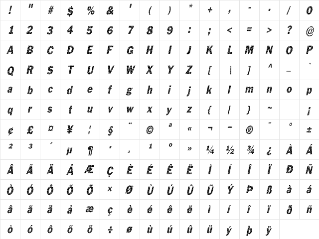 Philadelphia-Cracked-Condensed Italic  glyph index