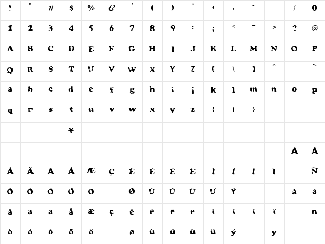 Glooper Regular  glyph index