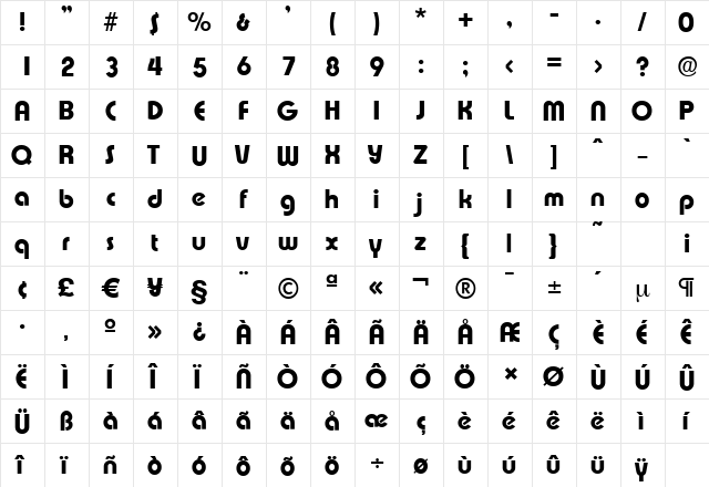 ExpressaSerial-Xbold Regular  glyph index