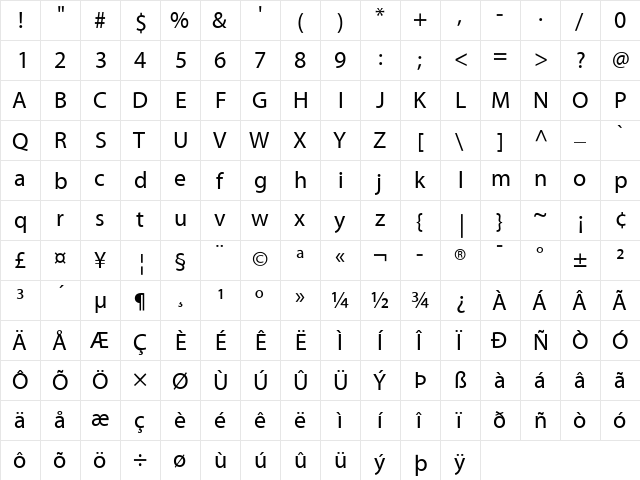 Myriad Roman Regular  glyph index