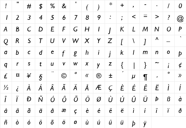 Hopkins-Italic Regular  glyph index