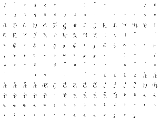 Jocellyne Regular  glyph index