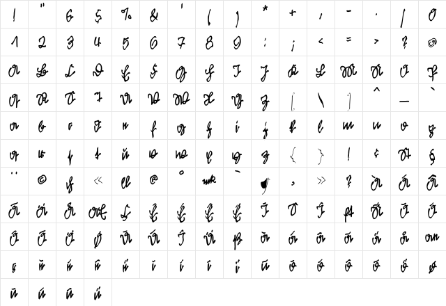 KleinsFirstScriptPark Regular  glyph index