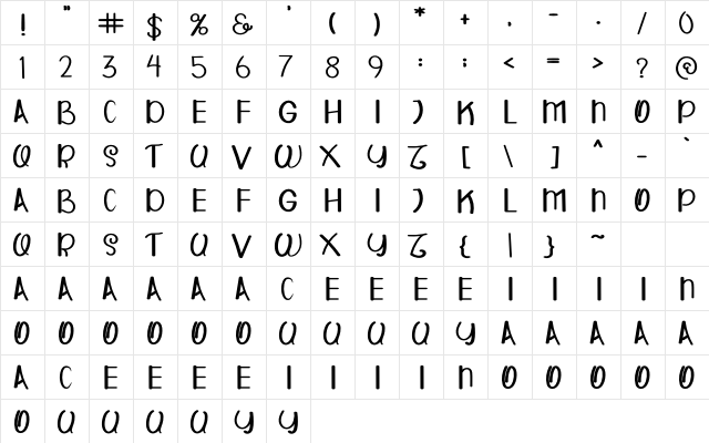 HAPPY WOLDY Regular  glyph index