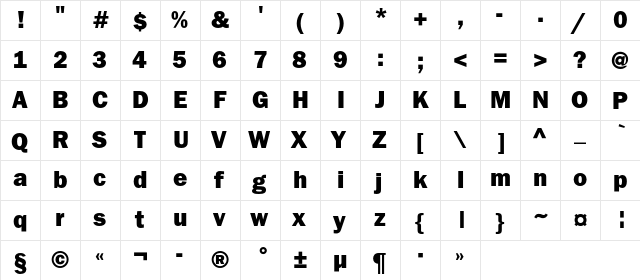 FranklinGothicHeavyC Regular  glyph index