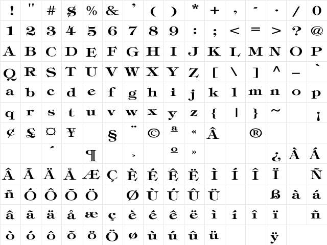 Timpani-Bold Wd Regular  glyph index