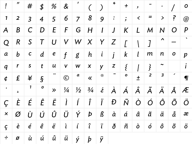 Ideal Sans Book Italic  glyph index