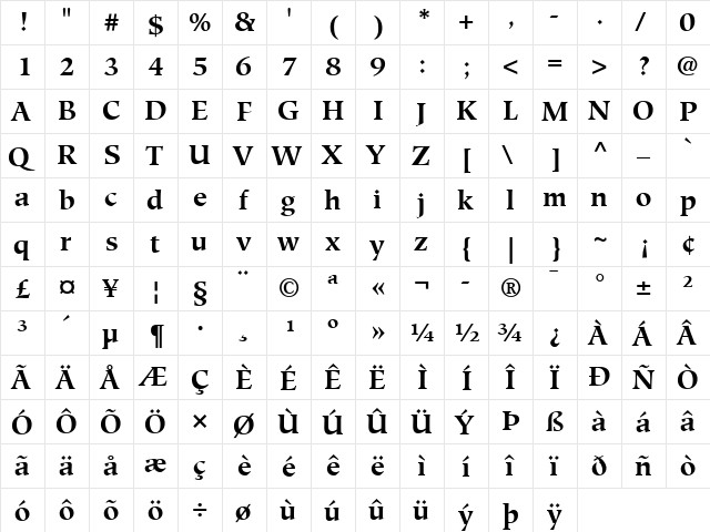 Hiroshige LT Book Bold  glyph index