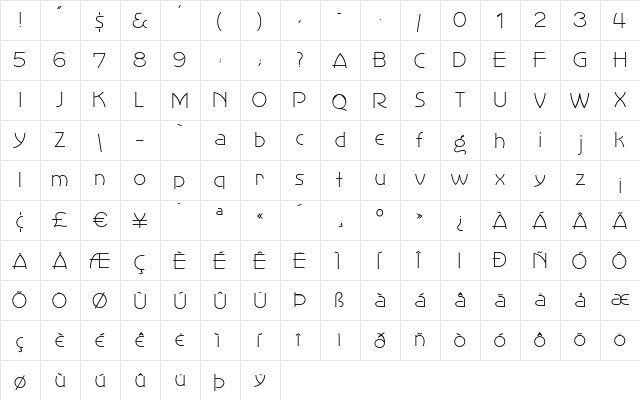 Stringline Gothic Regular  glyph index