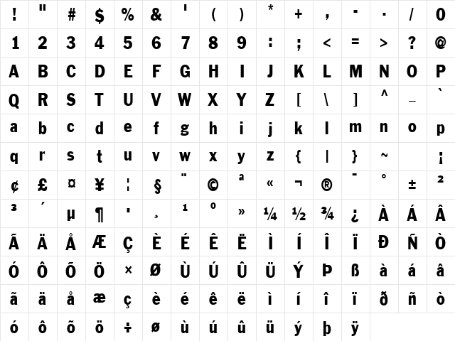 Philadelphia-Condensed Normal  glyph index