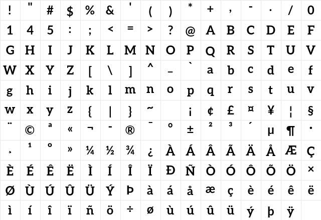 Aleo Bold  glyph index