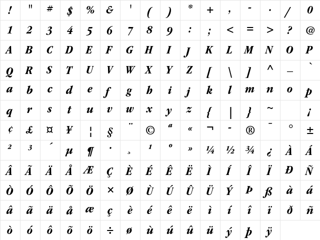 ITC Garamond Std Bold Narrow Italic  glyph index