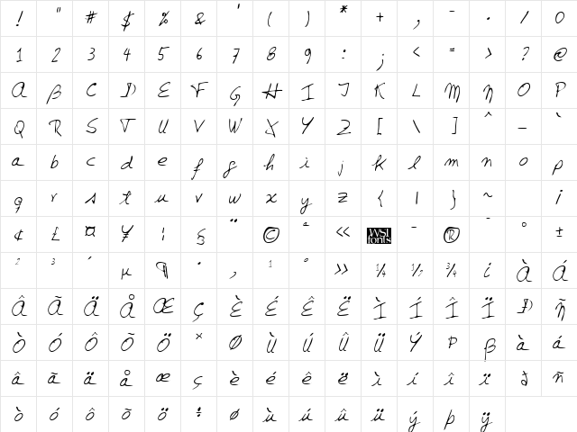 JenkinsHand Regular  glyph index