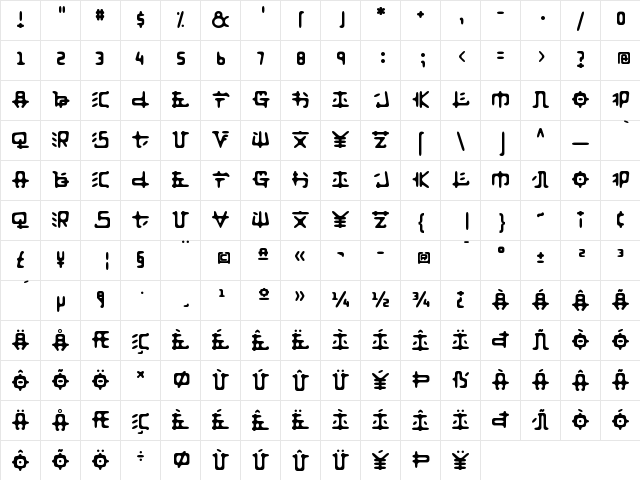 Anyong Regular  glyph index