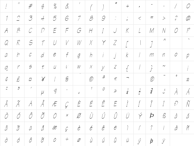 Tek-Condensed Italic  glyph index