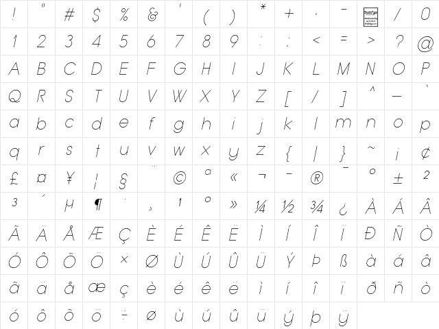 Typo Grotesk Thin Italic  glyph index