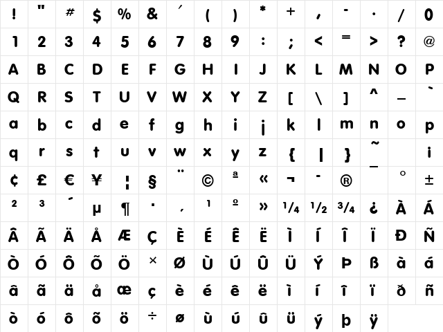 VAGRounded Regular  glyph index