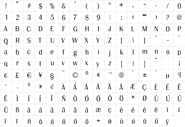 GrenobleSerial-Light Regular  glyph index