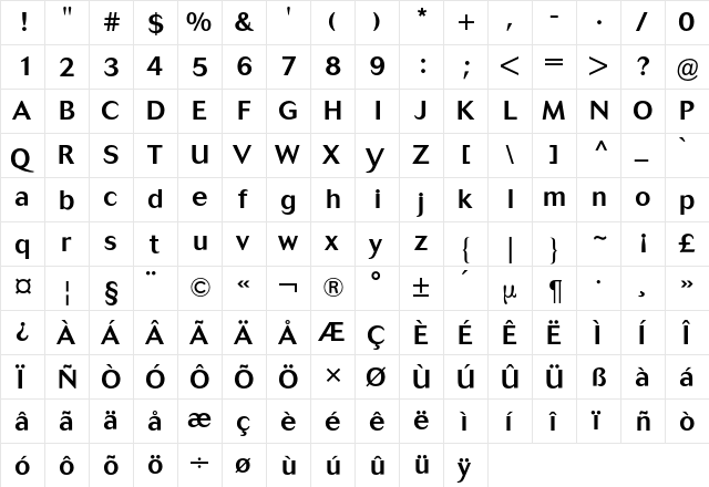 Cosmos BQ Regular  glyph index