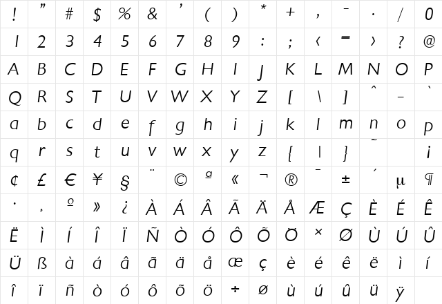 ChantillySerial-Light Italic  glyph index