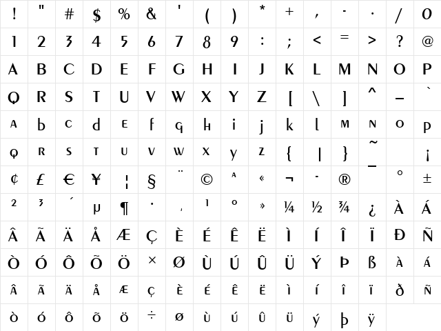 Peoria Regular  glyph index