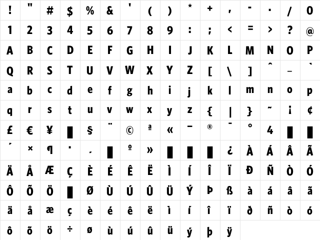 WhitneyCondensed Bold  glyph index