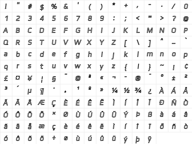 Gamestation Display Outline Italic  glyph index