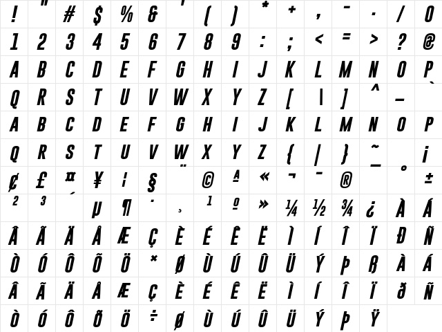 Gobold Bold Italic  glyph index