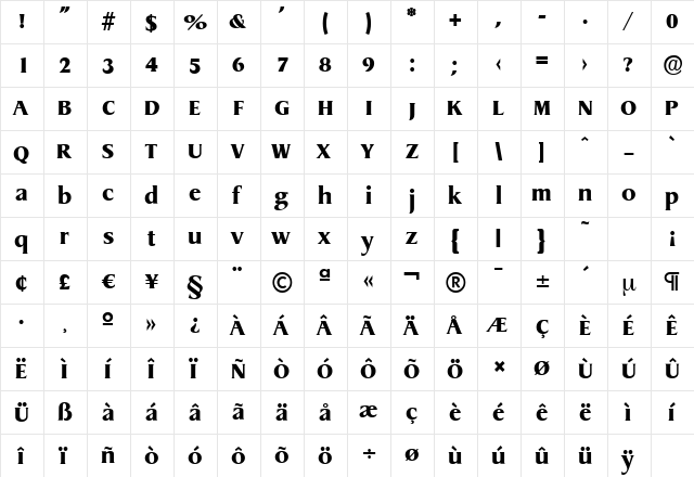 DragonSerial-Heavy Regular  glyph index