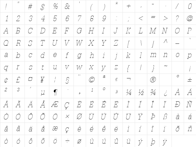 InstallationLightSSK Italic  glyph index