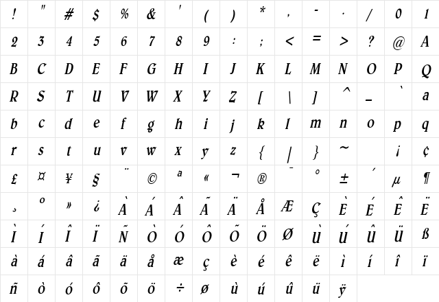 Blew Condensed Italic  glyph index