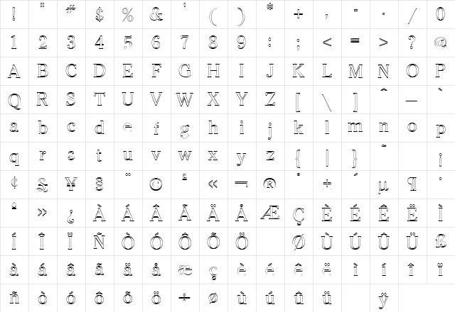 Cheltenham Outline Regular  glyph index