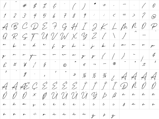 Trully Signature Trial Regular  glyph index